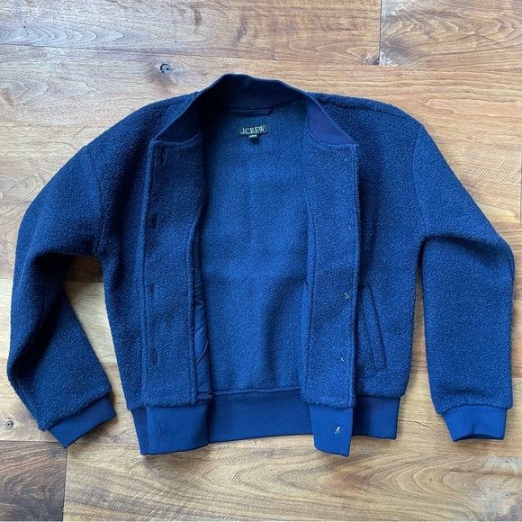 J. Crew Boucle Teddy Fleece Bomber Jacket in Navy Blue Gold Buttons size XS - Picture 8 of 16